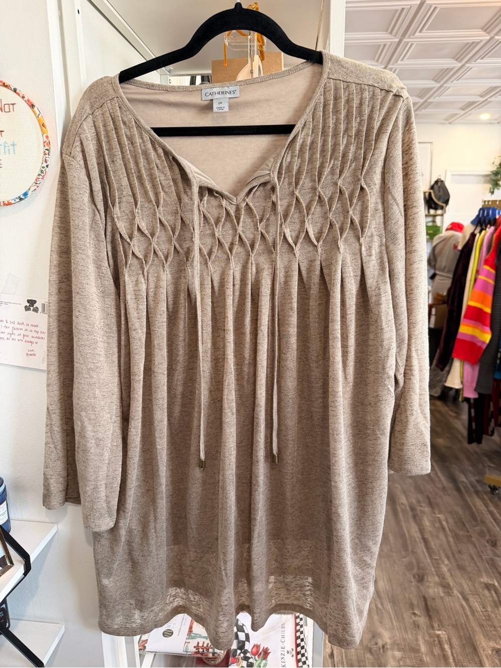 Catherines Taupe Smocked Knit Tunic with Tie